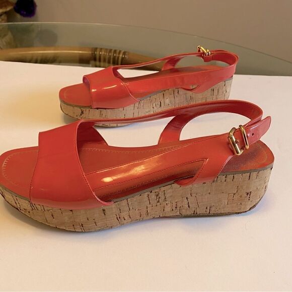 Miu Miu Coral Patent Leather Cork Platform Sandals EU 37.5 Slingback Peep Toe - Picture 3 of 11